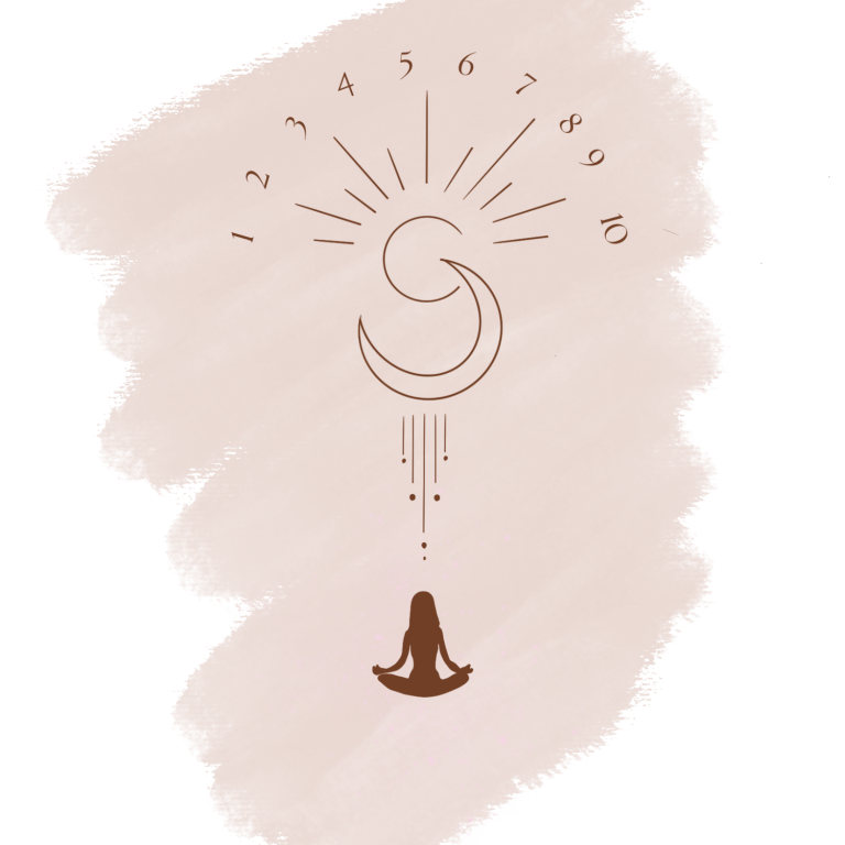 Silhouette d'une méditante avec des motifs solaires et numériques au-dessus.