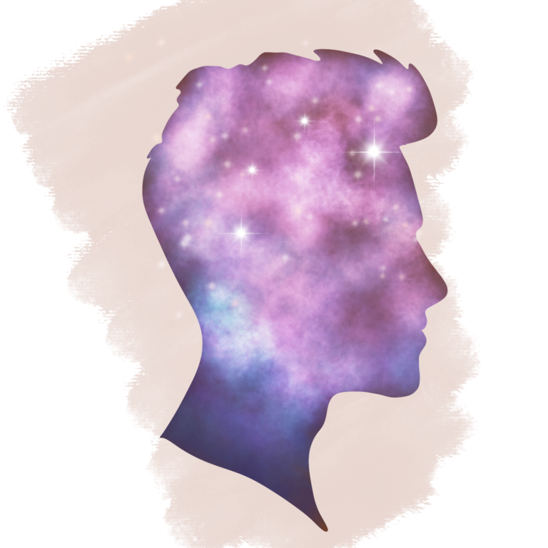 Silhouette d'un homme remplie d'un motif étoilé et cosmique en dégradé de violet.