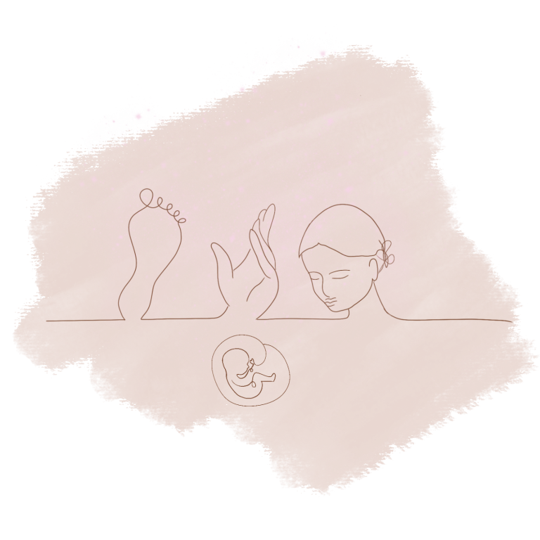 Silhouette d'une femme avec des pieds, une main et un fœtus au centre.