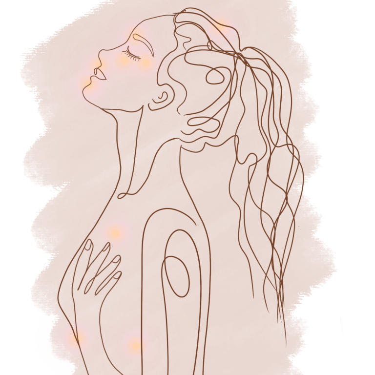 Dessin minimaliste d'une femme se tenant la poitrine, visage tourné vers le haut.